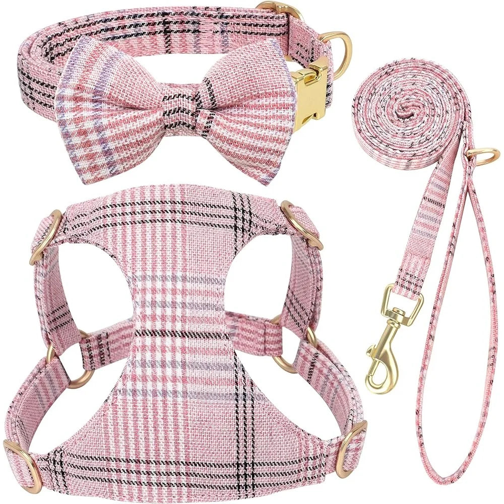 CN Fujian Cute Small Dog Harness Leash Set Adjustable Plaid
