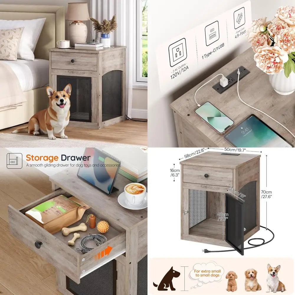DAFIFY Dog Crate Furniture With Drawer And Charging Station