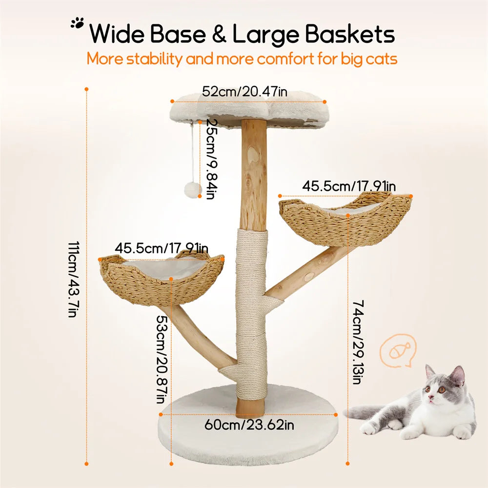 BORWARTCN Willow Wood Cat Tree Scratching Post Multi Level Tower with Mats