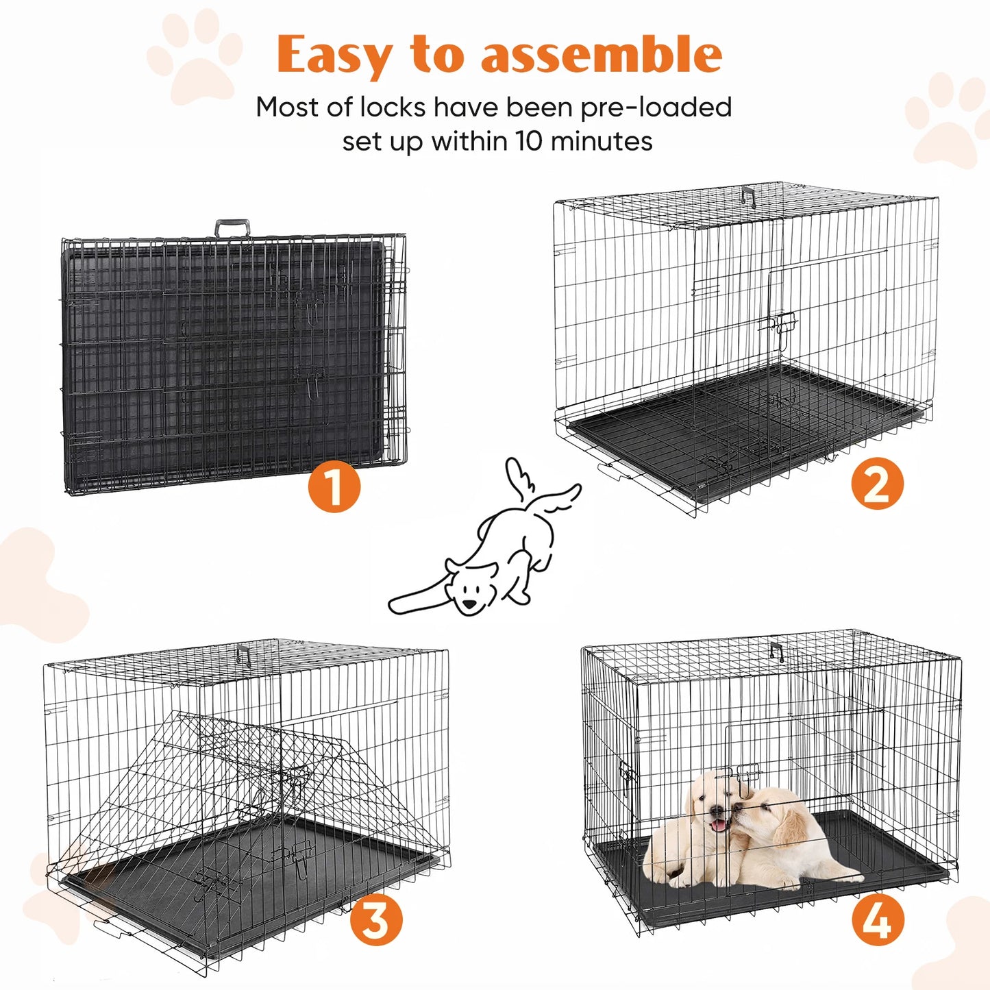JHK Double-Door Folding Metal Wire Dog Cage Leak-Proof Pan