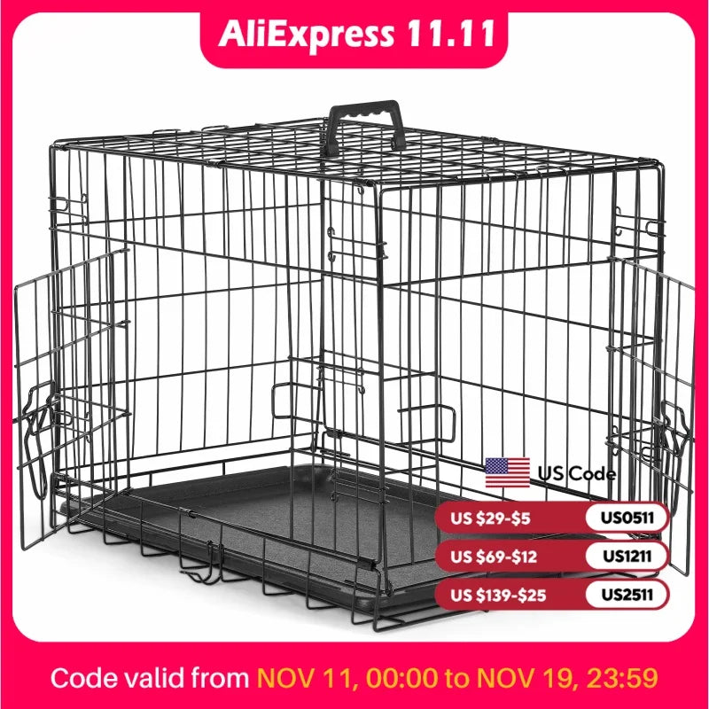 JHK Double-Door Folding Metal Wire Dog Cage Leak-Proof Pan