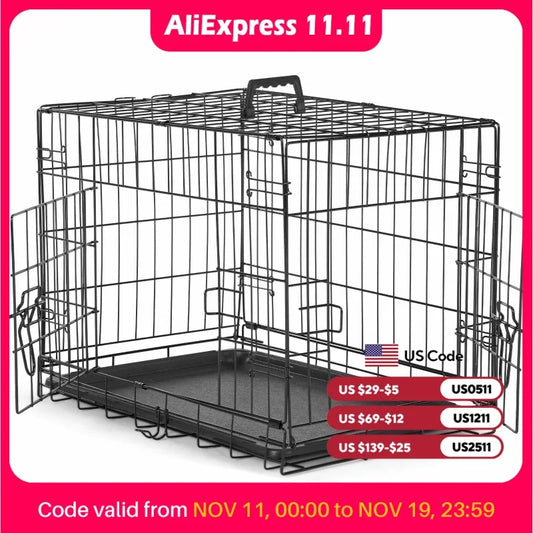 JHK Double-Door Folding Metal Wire Dog Cage Leak-Proof Pan