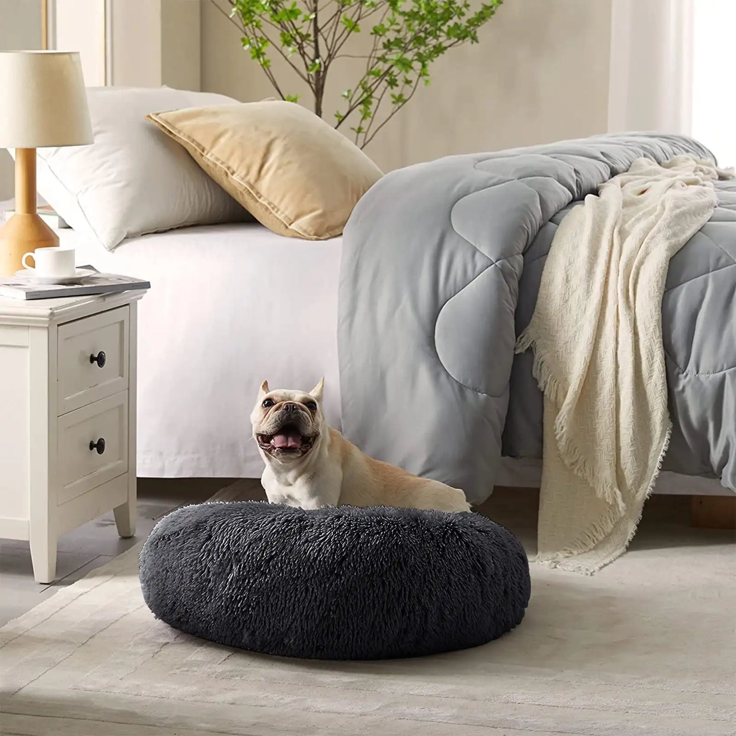 XMSJ Calming Donut Dog Bed Self Warming Plush Round Bed