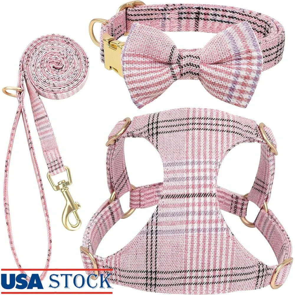 CN Fujian Cute Small Dog Harness Leash Set Adjustable Plaid