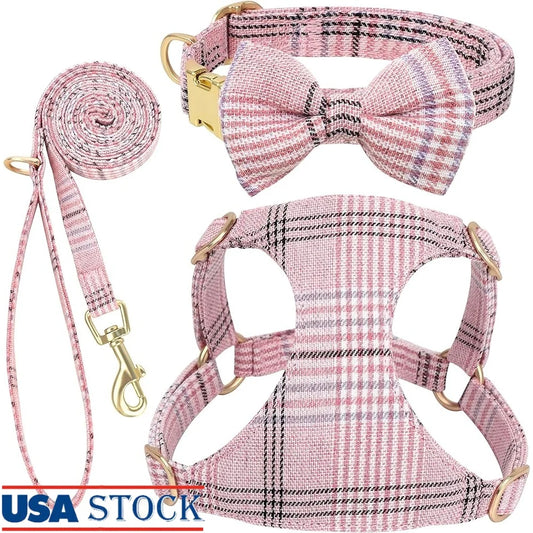 CN Fujian Cute Small Dog Harness Leash Set Adjustable Plaid