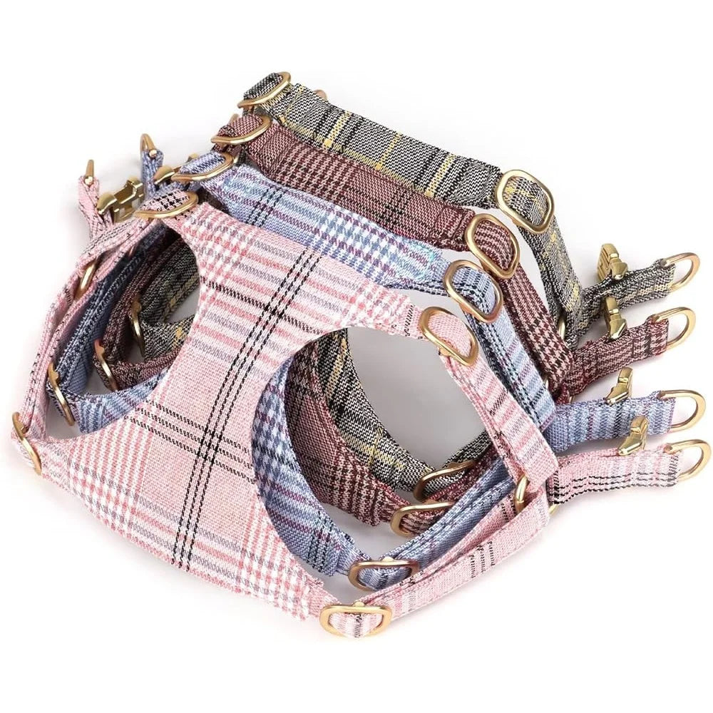 CN Fujian Cute Small Dog Harness Leash Set Adjustable Plaid