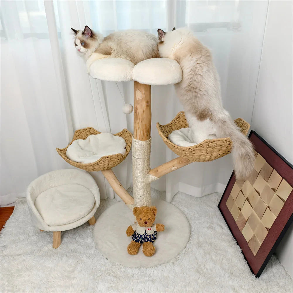 BORWARTCN Willow Wood Cat Tree Scratching Post Multi Level Tower with Mats