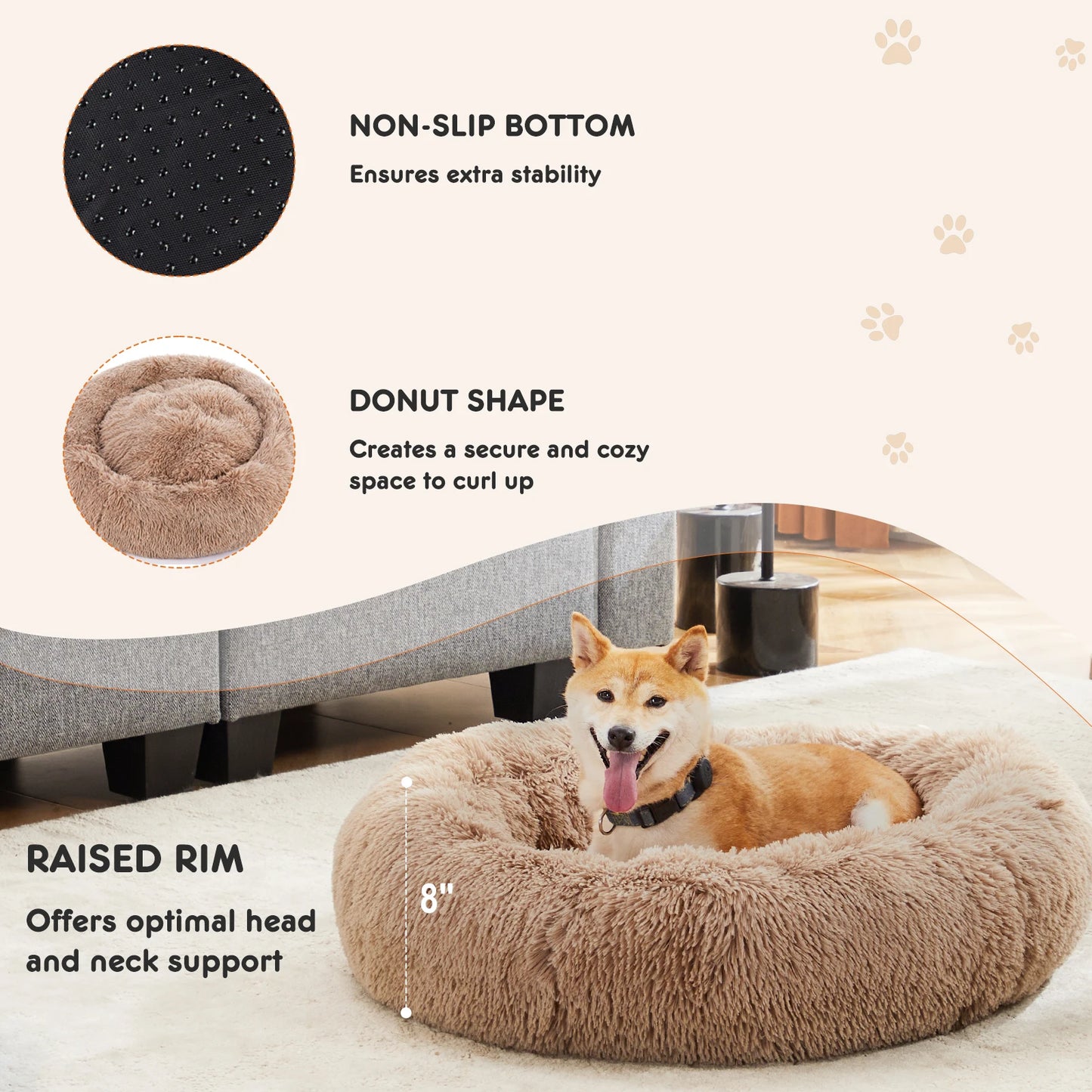 JHK Calming Dog Bed Washable Plush Faux Fur Anti Slip