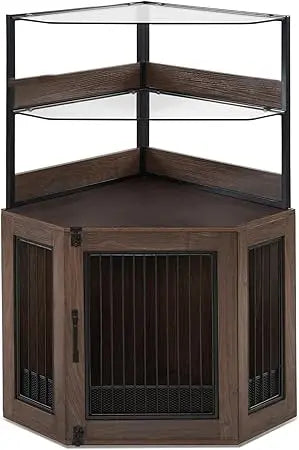 MKDK Corner Dog Crate Furniture With Glass Shelves Indoor