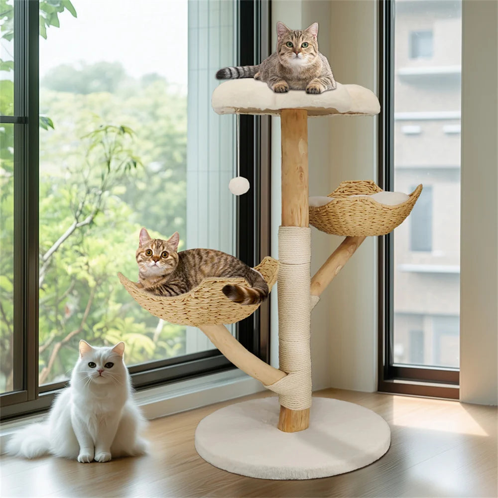 BORWARTCN Willow Wood Cat Tree Scratching Post Multi Level Tower with Mats