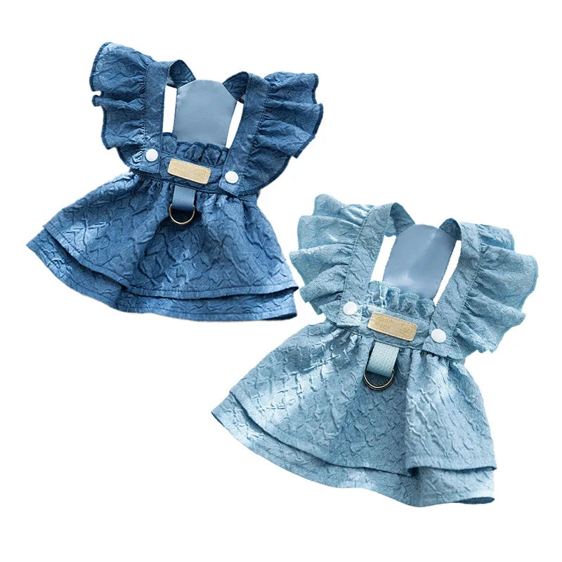 Hoopreety Denim Dog Dresses For Small Dogs With Leash Ring