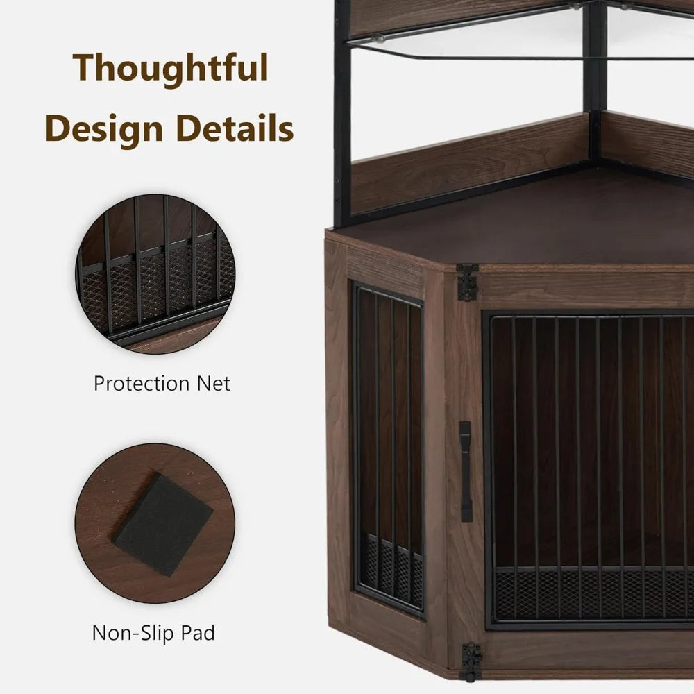 MKDK Corner Dog Crate Furniture With Glass Shelves Indoor