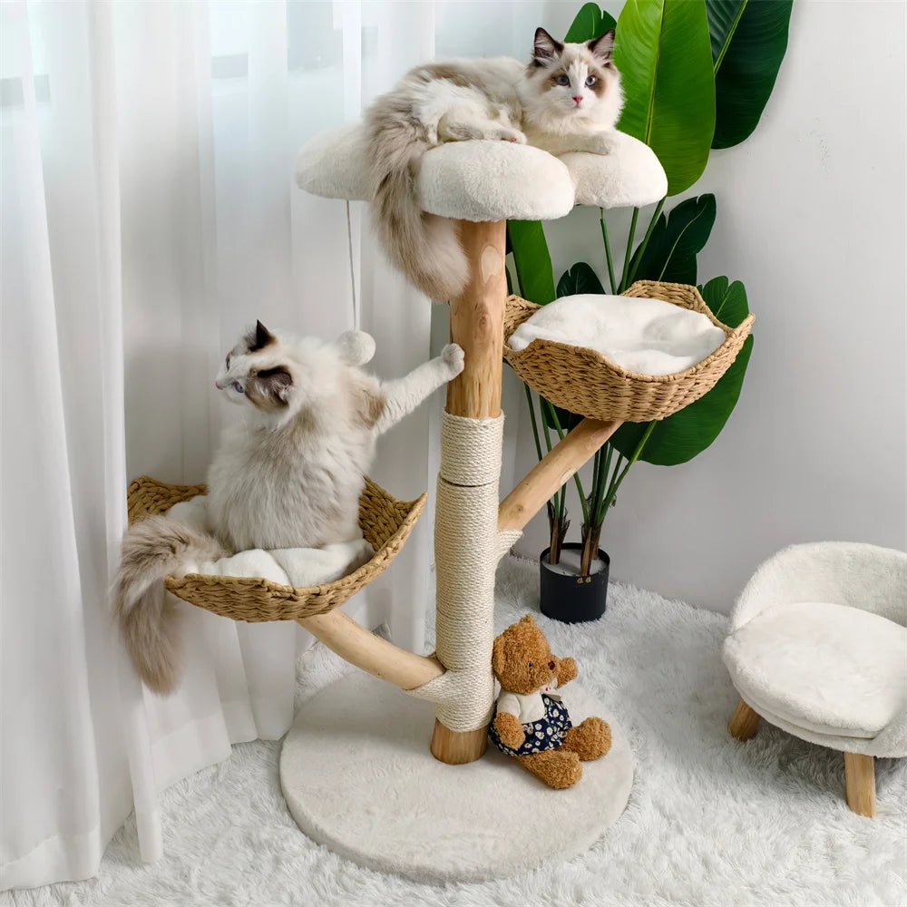 BORWARTCN Willow Wood Cat Tree Scratching Post Multi Level Tower with Mats