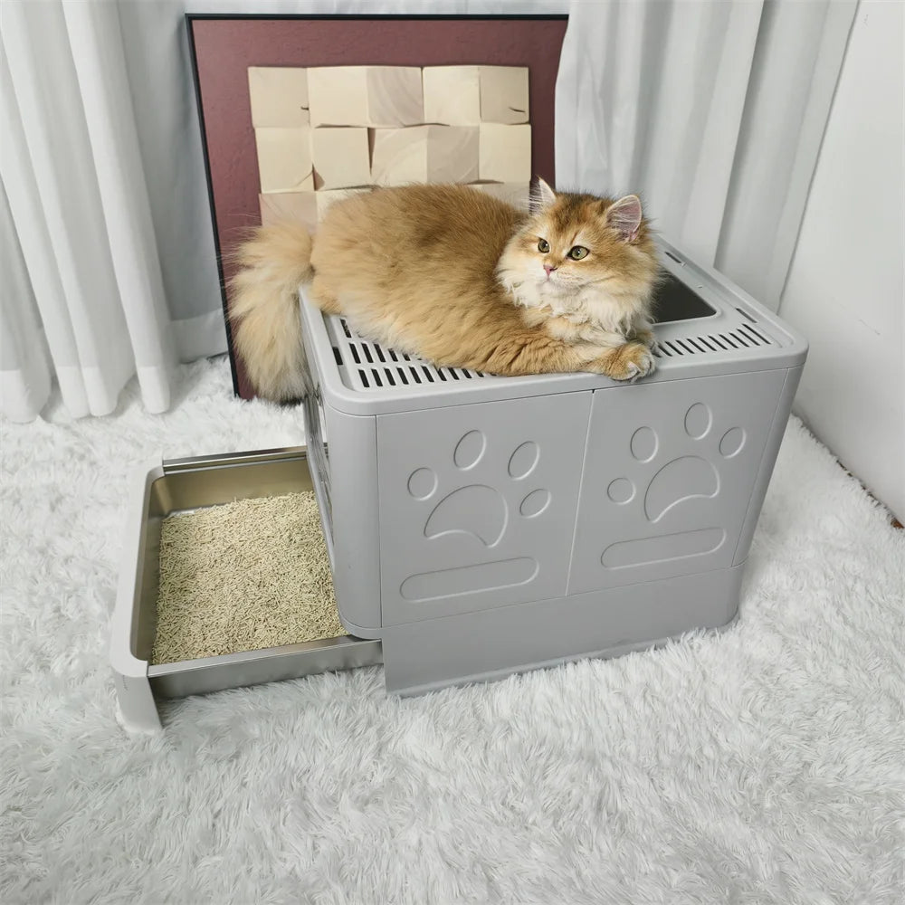Feature Enclosed Stainless Steel Cat Litter Box With Lid Scoop