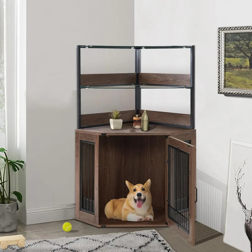 MKDK Corner Dog Crate Furniture With Glass Shelves Indoor