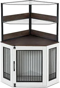 MKDK Corner Dog Crate Furniture With Glass Shelves Indoor