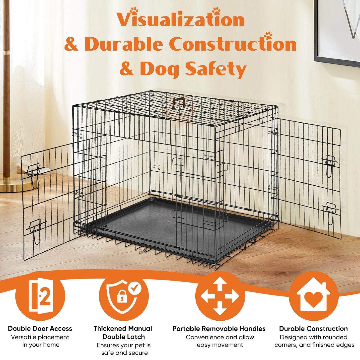 JHK Double-Door Folding Metal Wire Dog Cage Leak-Proof Pan