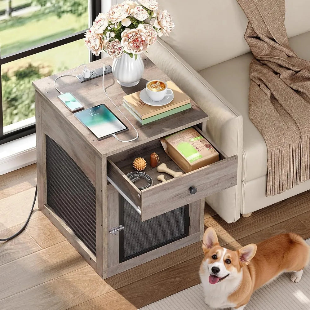 DAFIFY Dog Crate Furniture With Drawer And Charging Station