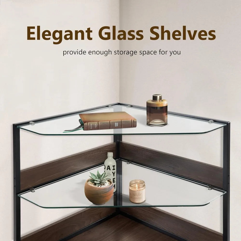 MKDK Corner Dog Crate Furniture With Glass Shelves Indoor