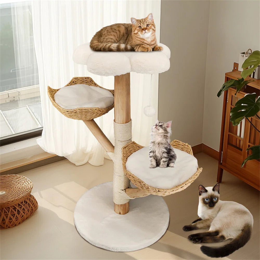 BORWARTCN Willow Wood Cat Tree Scratching Post Multi Level Tower with Mats