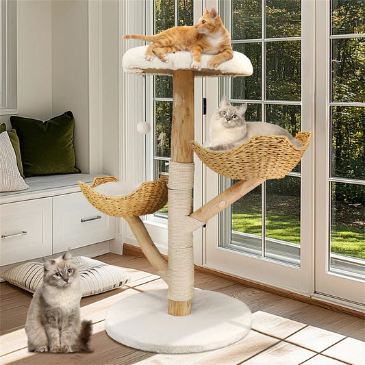 BORWARTCN Willow Wood Cat Tree Scratching Post Multi Level Tower with Mats