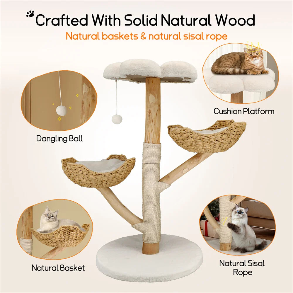 BORWARTCN Willow Wood Cat Tree Scratching Post Multi Level Tower with Mats