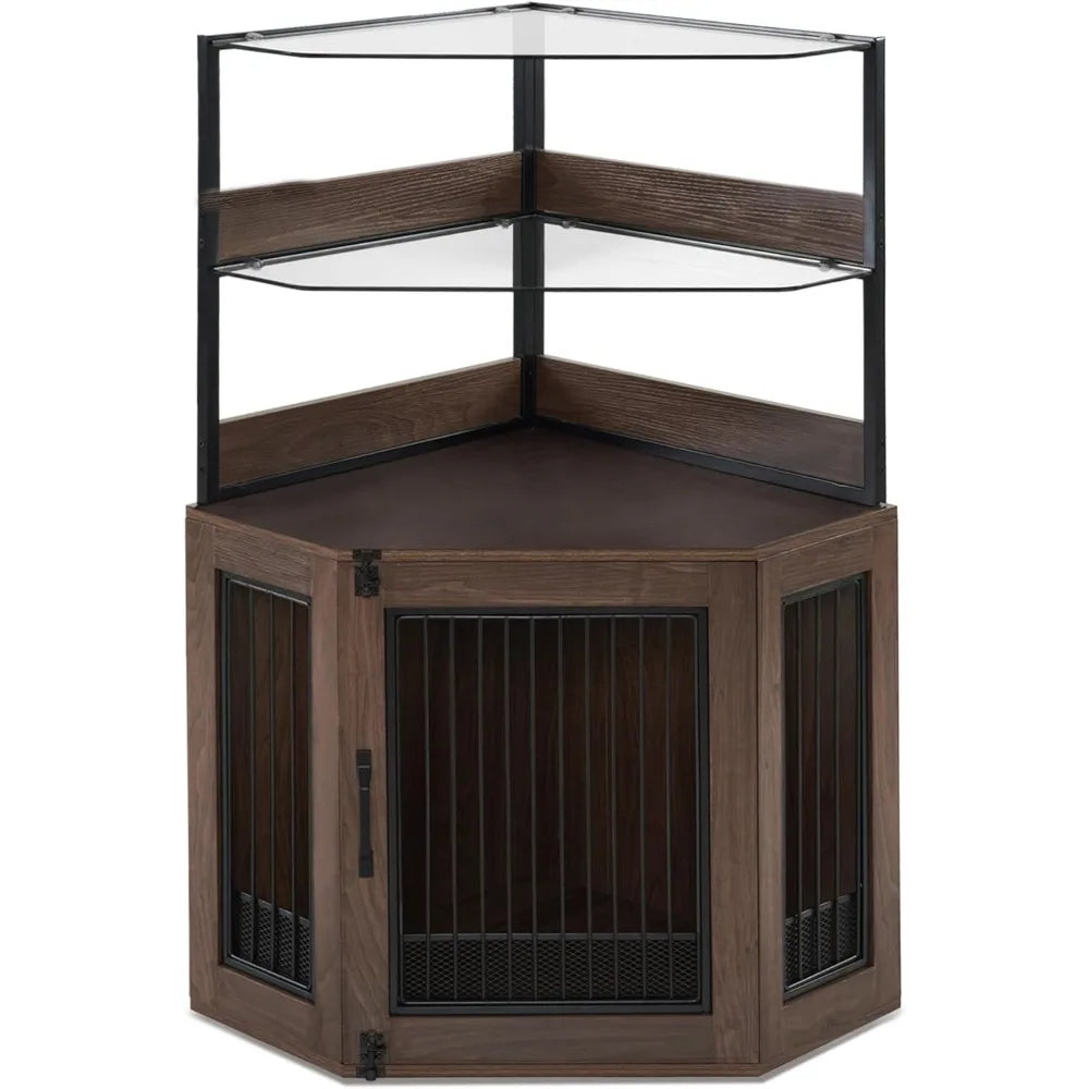 MKDK Corner Dog Crate Furniture With Glass Shelves Indoor