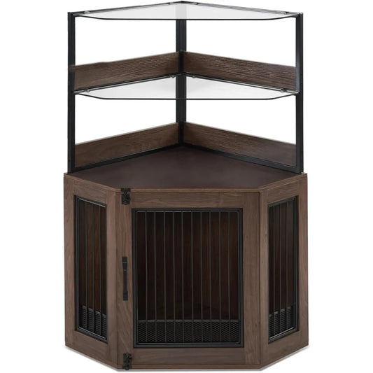 MKDK Corner Dog Crate Furniture With Glass Shelves Indoor