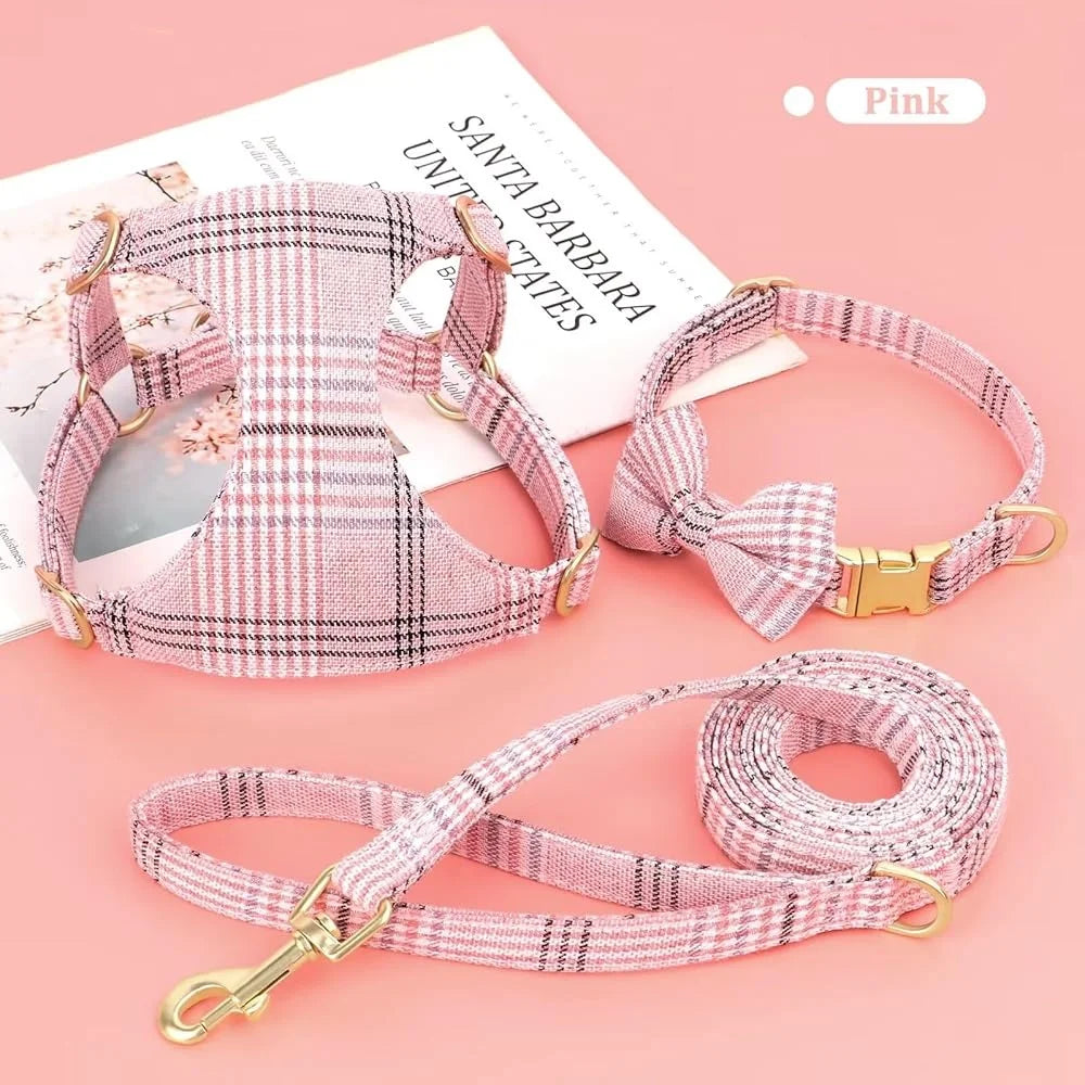 CN Fujian Cute Small Dog Harness Leash Set Adjustable Plaid